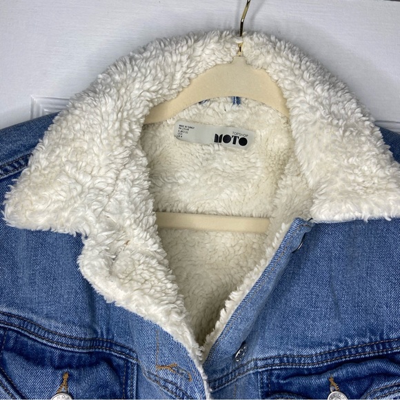 Top Shop Moto Custom Painted Sherpa Denim Jacket Size 0 - Picture 3 of 12